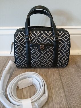 Michael Kors Black and Silver Logo Satchel Duffle Bag Travel Purse $428
